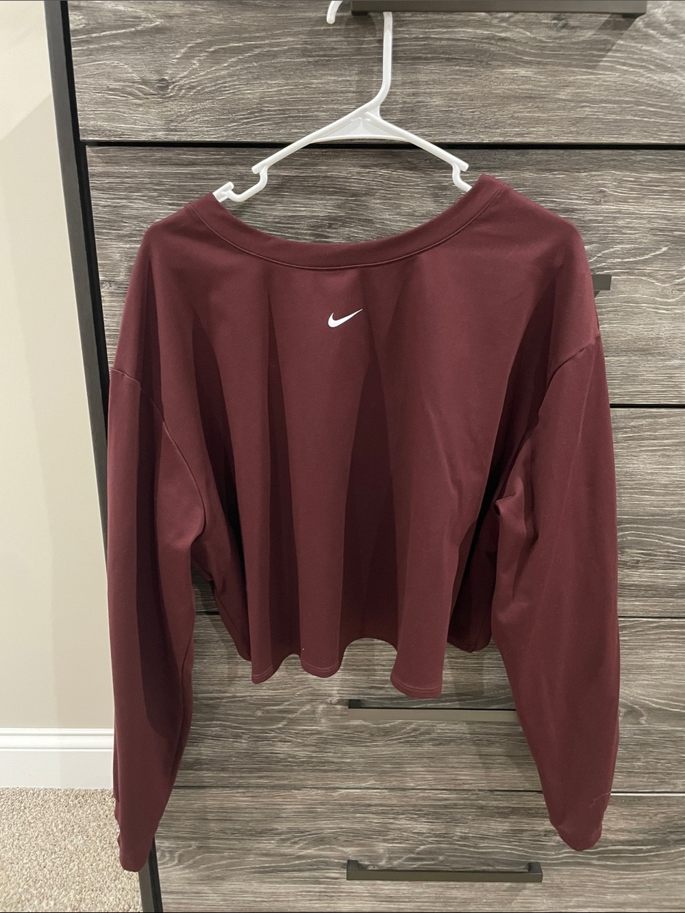 Nike Women's Maroon Cropped Sweatshirt with White Swoosh